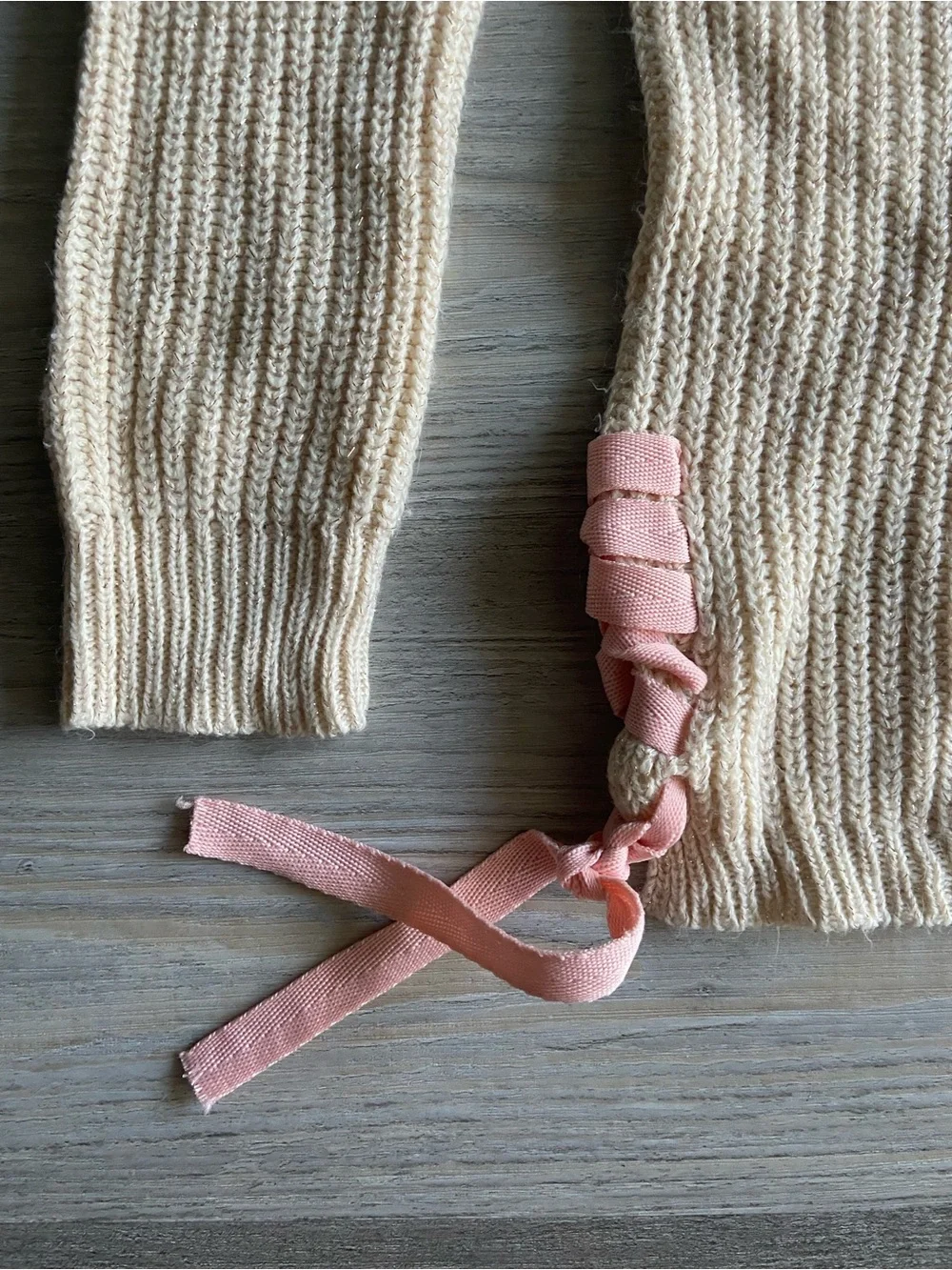 Love @First Sight Girls Coquette Ribbed Knit Ribbon Tie Sweater Cream Pink 10/12